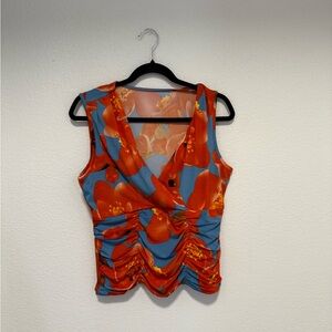 Floral Sleeveless Top - Blue and Orange